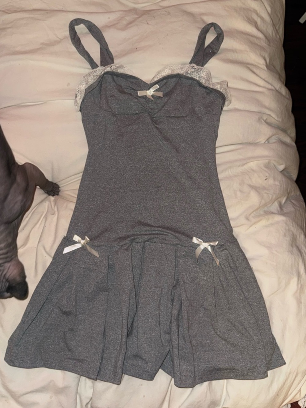 Gray Lace-Trim Dress with Bow Accents
